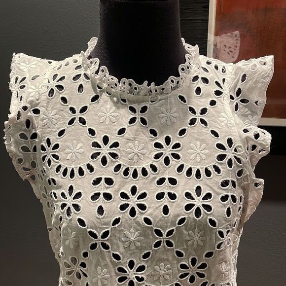 J. Crew mock neck top in allover embroidered eyelet ruffle trim top. NWT. XS. - Picture 4 of 8